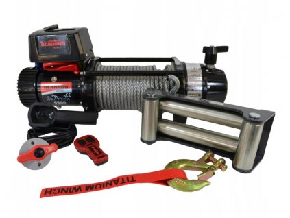 Titanový naviják s drátovým i bezdrátovým ovládáním + ocelové lano s hákem, ovladač 9500LBS 12V, převodový poměr 80:1