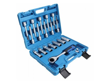 Sada nářadí pro servis tlumičů – 19 dílů je profesionální sada určená pro servis pružinových tlumičů ve většině osobních automobilů Satra MGS01943