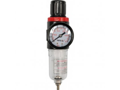 Regulátor tlaku vzduchu s odlučovačem vody, rozsah regulace 0-9,3bar, závit 1/4", objem filtru 15ml, max.provozní teplota 60°C. YT 2382