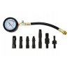 Kompresiometr pro benzínové motory, tester kompresního tlaku 0-20 BAR, Adaptér M10x1 63 mm Adaptér M12 x 1,25 63 mm Adaptér M14x1,25 63 mm Adaptér M18x1,5 63 mm Adaptér M14x1,25 98 mm Závitník M14 x M18 Závitník M10 x M12 Manometr v rozsahu 0-20BAR s pružnou hadicí 225mm zakončený redukčním adaptérem 14mm a 18mm Měřící adaptéry 5 ks: Závitníky pro regeneraci závitů zapalovacích svíček.