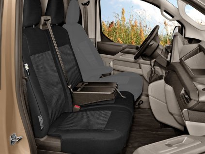 Autopotahy VW T7 Transporter 2024-2026 • přední 2 místa spolujezdec • stolek • dělený sedák