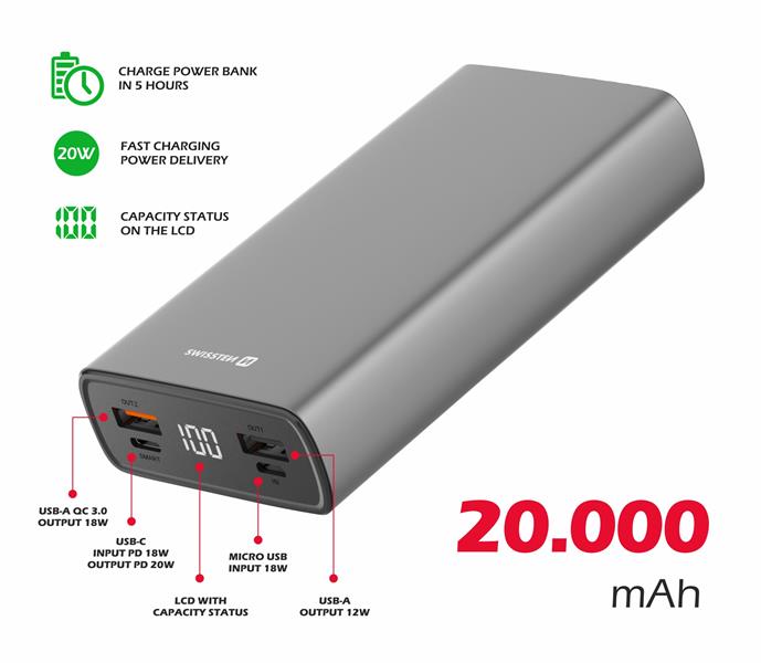 Powerbanka 20 000 mAh 20W SWISSTEN