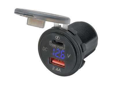Adaptér 12V / USB 2,4 A + USB C + voltmetr / modré podsvícení