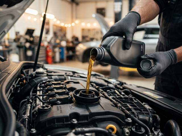 Nalievanie motorového oleja do motora automobilu