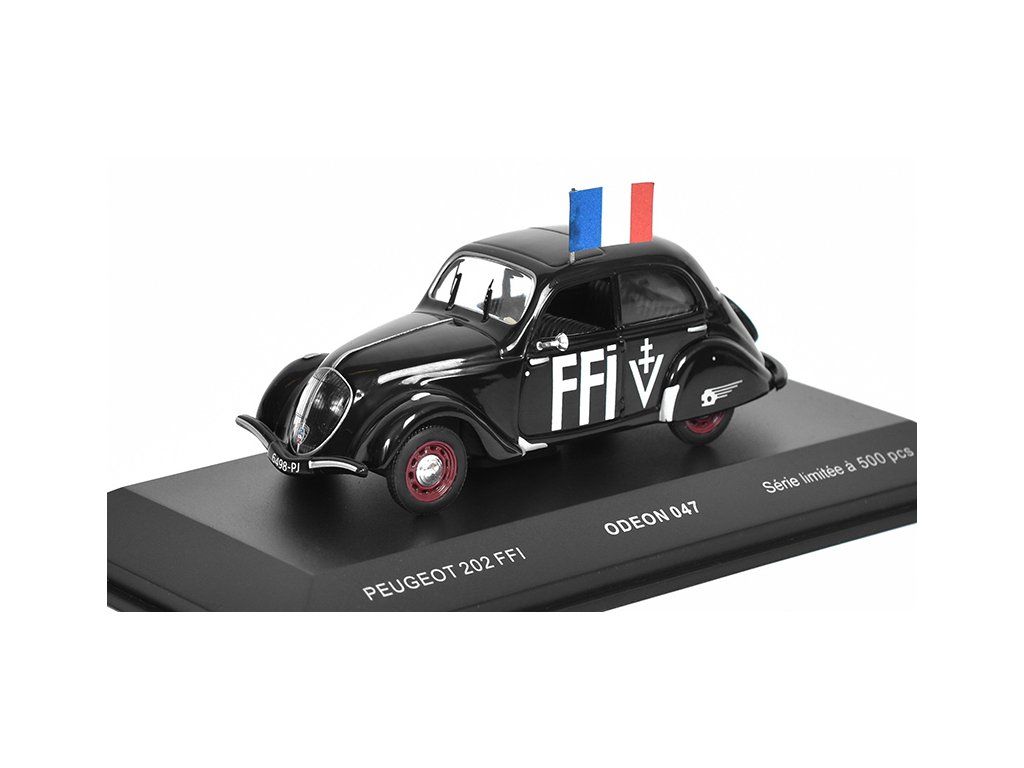 Peugeot 202 Berline FFI 1944 – 1/43 Odeon, Véhicule Militaire Noir, Neuf