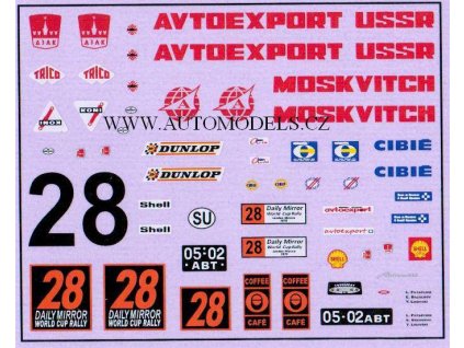 Časopis s Obtisky na modely MOSKVIČ Rally 28 1/43 Kultovní auta SSSR  Dekály - obtisky na modely 1/43 Kultovní auta SSSR- MOSKVIČ Rally 28  DeAgostini