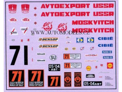 Obtisky na modely MOSKVIČ Rally 71 1/43 Kultovní auta SSSR DeAgostini  Dekály - obtisky na modely 1/43 Kultovní auta SSSR- MOSKVIČ Rally 71  DeAgostini