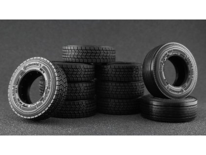 Sada pneumatik R22,5 pro tahač 6x4 vysoký profil 1:50 - Maestro Wheels  Pneu pro tahač 6x4 vysoký profil (sada 6 ks) - příslušenství pro modely DAF, MAN, MB, Scania, Volvo, Renault, Premium, TATRA, Iveco