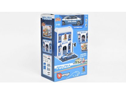 Alfa Romeo Giulia 2015 Policie + Stavebnice policejní stanice 1:43 - Burago  Alfa Romeo Giulia 2015 + Stavebnice diorama policejní stanice -  stavebnice KIT s modelem