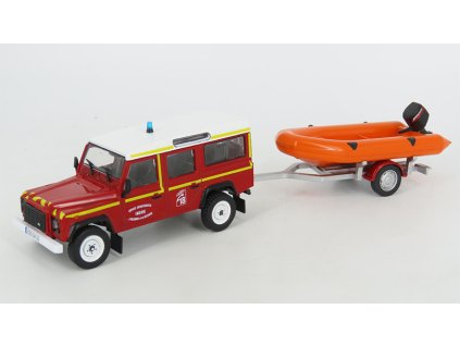 Land Rover Defender Hasiči + přívěs s lodí 1:43 - Hachette časopis s modelem  Land Rover Defender + přívěs s lodí Hasiči - kovový model auta