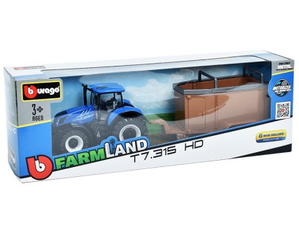 New Holland T7.315 HD Traktor s přívěsem pro zvířata 1:50 - Bburago  New Holland T7.315HD Traktor s přívěsem pro zvířata - kovový model auta