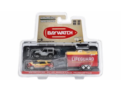 Ford Explorer + Jeep Wrangler Rubicon + přívěs Baywatch 1:64 - GreenLight  Ford Explorer 2016 + Jeep Wrangler Rubicon 2013 + přívěs Bay Watch Lifeguard - model auta