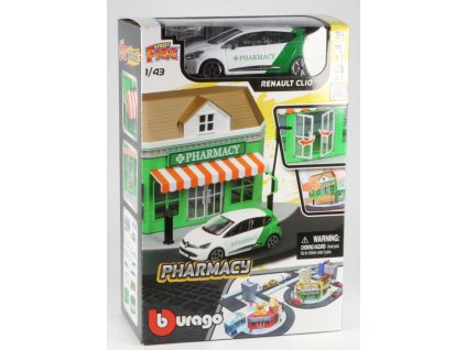 Renault Clio + Stavebnice diorama  Ambulance Pharmacy stanice 1:43 - Bburago  Renault Clio - Stavebnice KIT s modelem