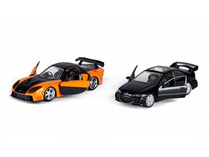 Sada 2ks: Mazda RX-7 / Honda Civic EJ1 z filmu Fast and Furious 1:32 - Jada Toys  Han's Mazda RX7 a Heist Honda Civic EJ1 - Sada 2ks 1/32 - kovové modely aut