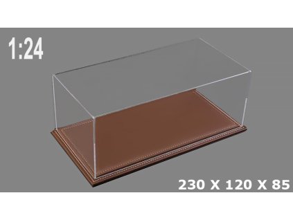 Vitrínková krabička na modely 1:24 - Čirý Kryt a Podlážka z kůže  Ručně Vyráběná Akrylová Vitrína + Podlážka s kůží - Box na modely 1/18 - 325x165x118mm
