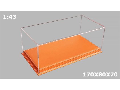 Vitrínková krabička na modely 1:43 - Čirý Kryt a vysoká Podlážka z oranžové kůže  Ručně Vyráběná Akrylová Vitrína + Podlážka z kůží - Box na modely 1/43 - 170x80x70
