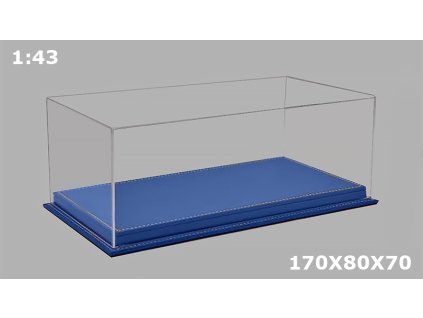 Vitrínková krabička na modely 1:43 - Čirý Kryt a vysoká Podlážka z sv.modré kůže  Ručně Vyráběná Akrylová Vitrína + Podlážka z kůží - Box na modely 1/43 - 170x80x70