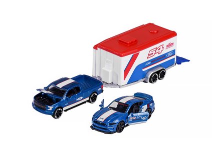 Ford F-150 Raptor + přivěs + Ford Mustang GT #54 - Sada 1:64 - Majorette  Sada Ford F150 Raptor + Mustang GT + přivěs autotransportér  - sada autiček 1/64
