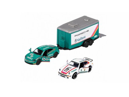 Porsche Taycan Turbo S #5 + přivěs Vaillant + Porsche 934 1:64 - Majorette  Sada : Porsche Taycan Turbo S + 934 + přivěs Vaillant - sada autiček