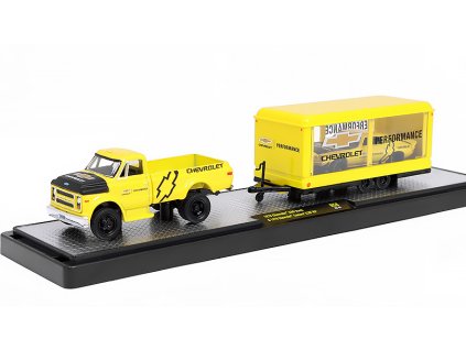 Chevrolet C60 Truck + přivěs + Chevrolet Camaro Z/28 RS 1970 1:64 - M2 Machines  Chevrolet C-60 + Chevrolet Camaro Z28 RS v kontejnerovém přívěsu - kovový model auta
