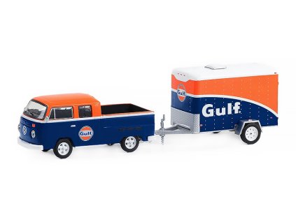 Volkswagen T2 Double Cab Pick-up + přivěs Gulf 1:64 - GreenLight  Volkswagen T2 Type 2 Double Cab Pick-Up + malý nákladní přívěs ( small cargo trailer ) - kovový model 1/64