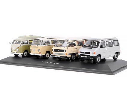 Set VW Camping bus : Volkswagen T1 + VW T2 + VW T3 + VW T4 1:43 - Schuco  Sada VW Camper Minibus : Volkswagen T1b + Volkswagen T2a + Volkswagen T3a + Volkswagen T4a - kovové modely aut