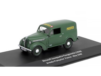 Renault Juvaquatre Kombi 1938 1:43 - časopis Samochody Wojskowe s modelem #56  Renault Juvaquatre Fourgonette 1938 francouzská armáda France May 1940 "Postes" - kovový model auta