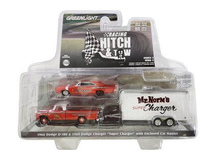 Dodge D 100 1966 + Dodge Charger Super Charger 1969 + Uzavřený Automobilový Dopravce 164 GreenLight (2)