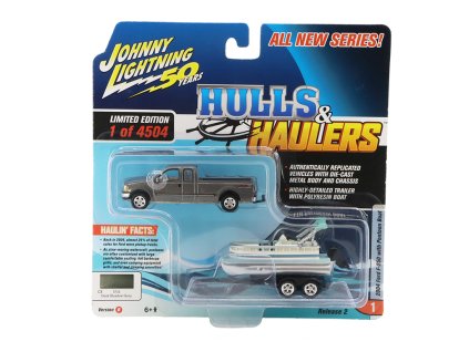 Ford F 250 2004 šedý s pontonovou lodí 164 Johnny Lightning