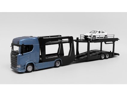 Scania S730 Highline tahač s přivesem + Porsche Macan 1:43 - Bburago BAZAROVÉ ZBOŽÍ  Scania S 730 Highline přepravník automobilů a Porsche Macan - kovový model BAZAROVÉ ZBOŽÍ
