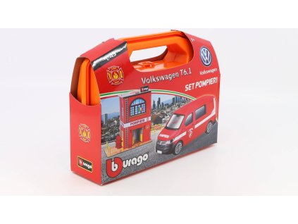 Set: Městská požární stanice + Volkswagen T6 1:43 - Bburago  Městská požární stanice + Volkswagen T6 - kovový model auta 1/43