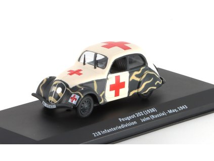 Peugeot 202 1938 218 Infanteriedivision Jolm Russia - May 1943 1:43 - časopis Samochody Wojskowe s modelem #101  Peugeot 202 France 1940 - kovový model auta