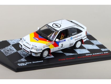 Opel Kadet GSI Rallye Nový Zéland 1988 S.Haider F.Hinterleitner 1:43 - Rallye automobily časopis s modelem #86  Opel Kadet - kovový model