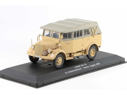 Mercedes-Benz L1500A Kfz.70 22. Infanteriedivision 1943 1:43 - časopis Vojenské automobily s modelem #34  Mercedes-Benz L1500A - kovový model