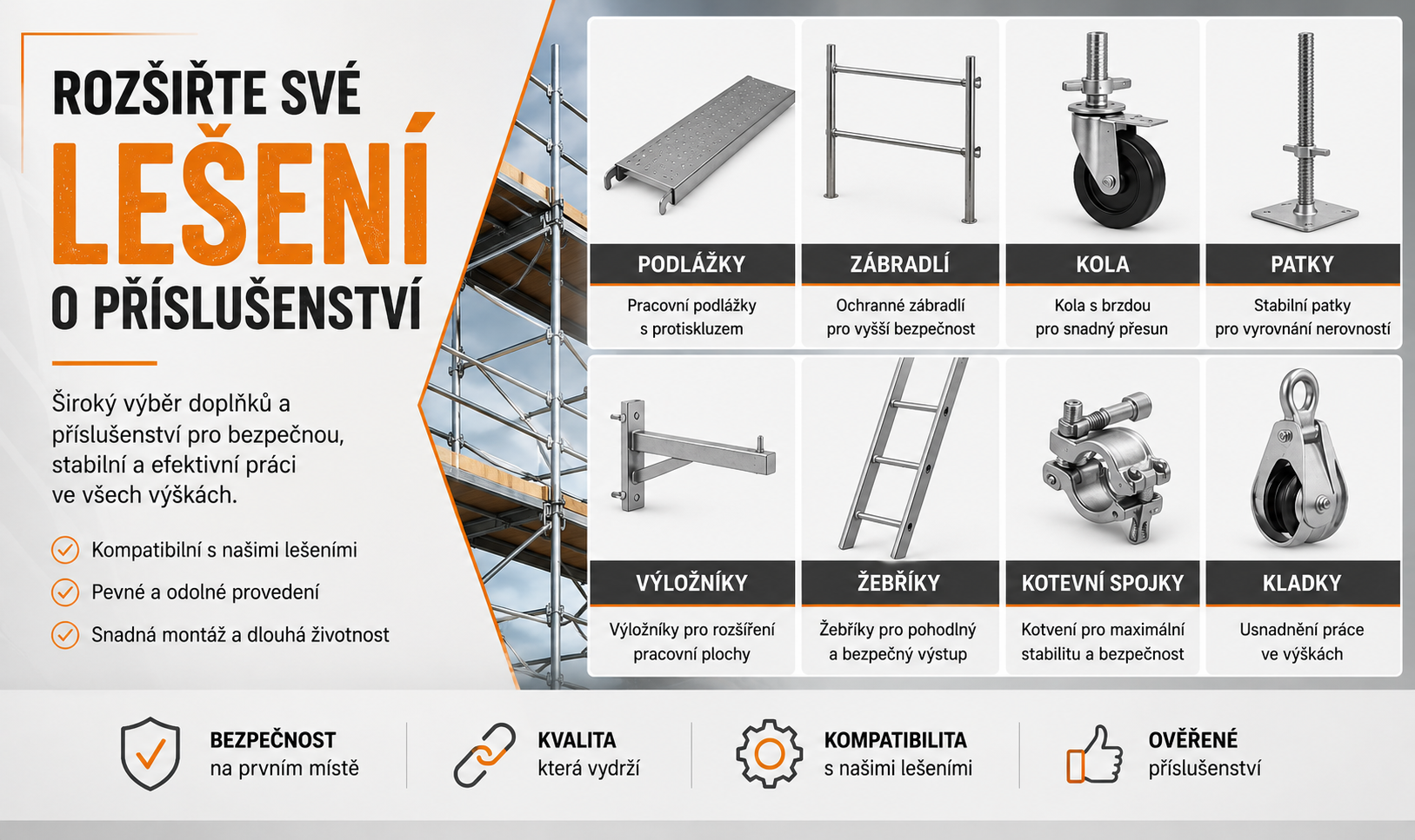 Příslušenství pro lešení – podlážky, zábradlí, kola, patky, výložníky, žebříky, kotevní spojky a kladky