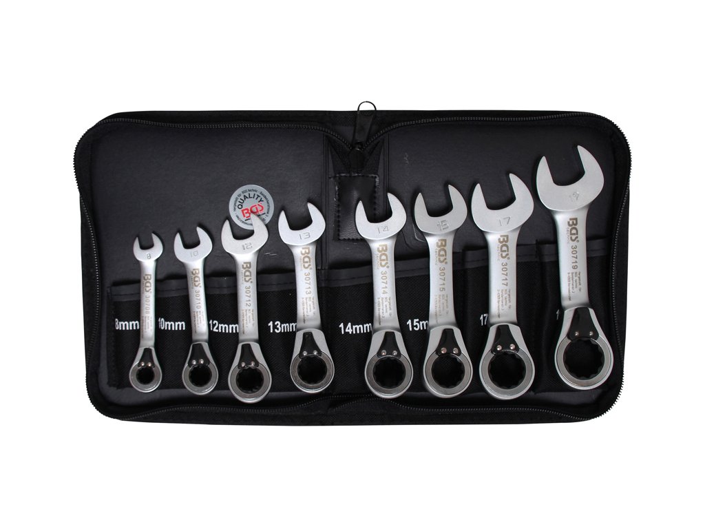 Očkoploché ráčnové klíče 8-19 mm, extra krátké, sada 8 dílů v obalu - BGS 30720