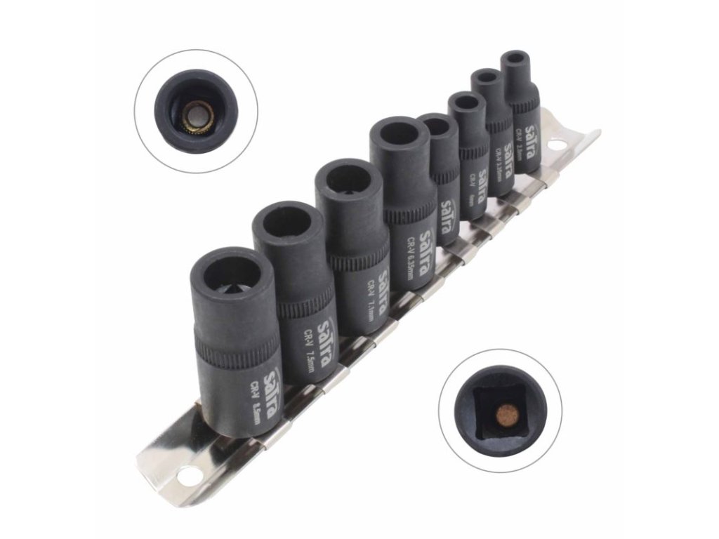 Nástrčné hlavice na upínacie závitníky, magnetické, 1/4" a 3/8", 8 ks na lište - SATRA