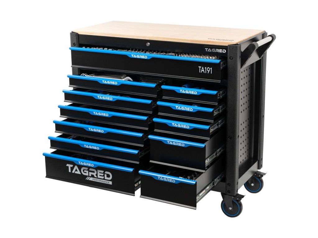 Dílenský vozík, vybavený, dřevěná deska, 12 zásuvek, 501 ks nářadí - TAGRED TA191