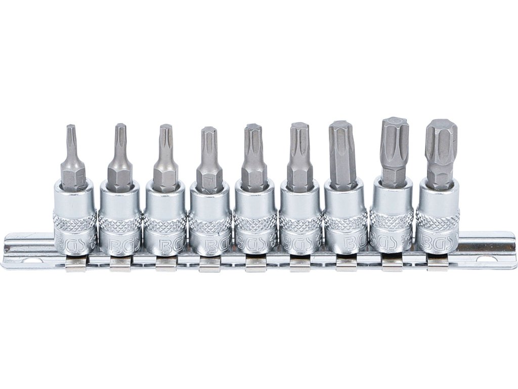 Zástrčné hlavice 1/4" TORX T10-T50, sada 9 ks na lište - BGS 2164