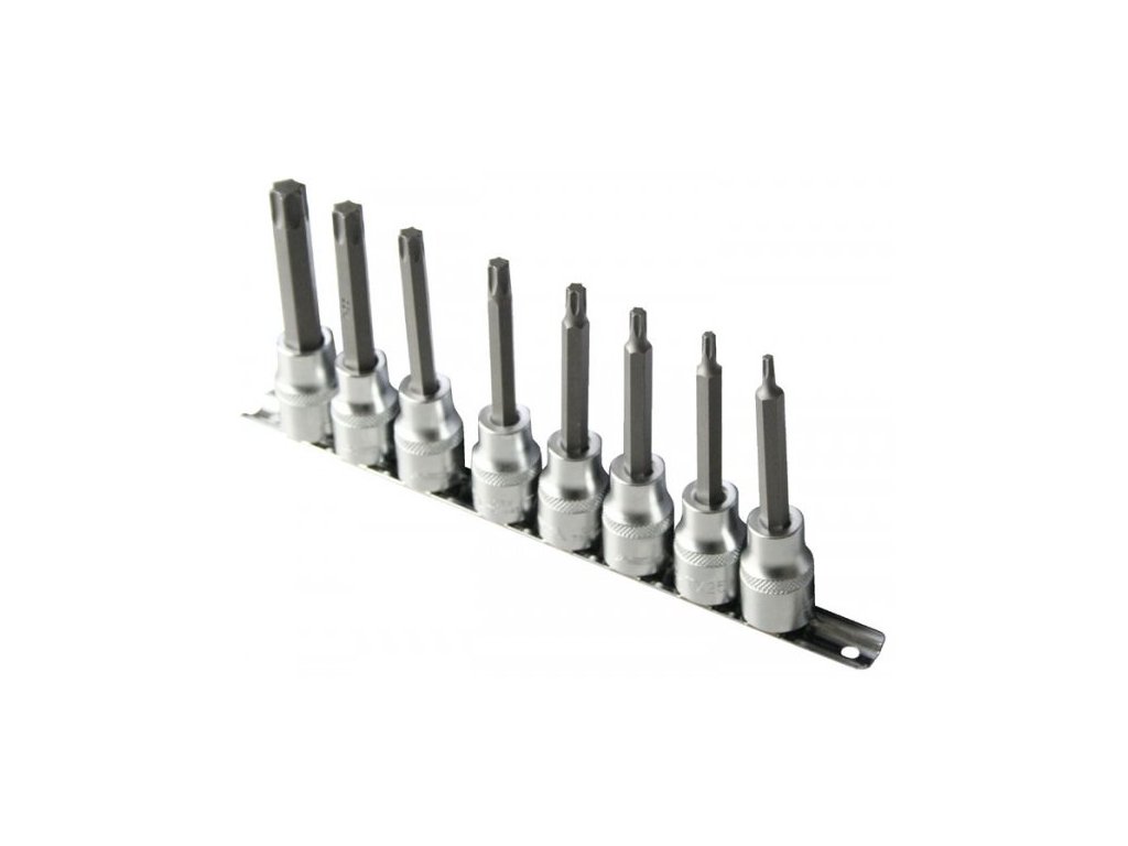 Zástrčné hlavice TORX 1/2", T20 - T60, predĺžené 100 mm, sada 8 kusov na lište