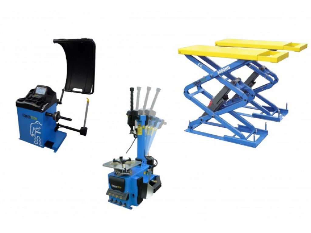 SET 3 PROFI: Zouvačka TC-02, vyvažovačka TW-02 3D, nůžkový zvedák 3,2 t 1