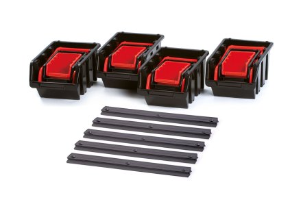 Sada plastových boxů s lištou na zeď, 580 x 230 x 130 mm, 16 boxů+5 lišt - Kistenberg