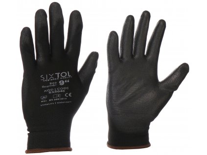 Polyesterové pracovné rukavice, čiastočne zmáčané polyuretánom, čierne, veľkosť 9", 1 pár