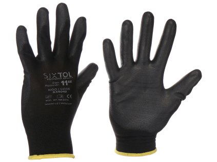 Polyesterové pracovné rukavice, čiastočne zmáčané polyuretánom, čierne, veľkosť 11", pár - SIXTOL
