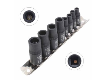 Nástrčné hlavice na upínacie závitníky, magnetické, 1/4" a 3/8", 8 ks na lište - SATRA