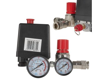 Tlakový spínač - presostat, s manometry, 230 V, maximální tlak 12 bar