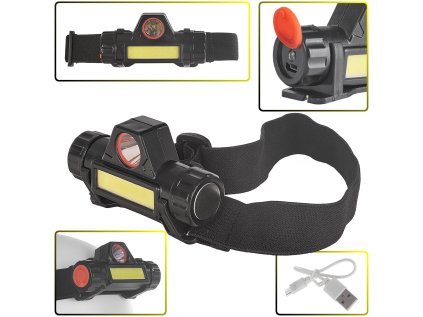 Čelovka LED COB 3W+XPE, 800mAh, s nastavitelnou hlavou, nabíjecí