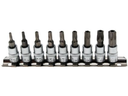Zástrčné hlavice 1/4" TORX s otvorom TT10-TT50, súprava 9 ks na lište - BGS 2165