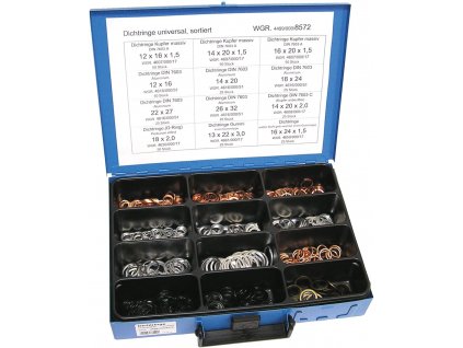 Tesniace krúžky medené, hliníkové a gumové DIN 7603, súprava 425 ks v kufri