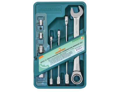 Očkoploché ráčnové klíče 10-19 mm, s adaptéry 1/8", 3/4", 1/2", sada 8 ks- JONNESWAY